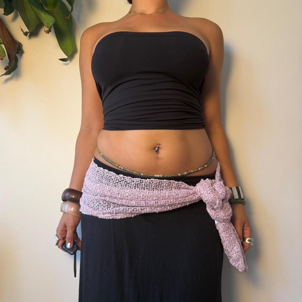 Vintage Y2K Baby Pink Sequin Knit Crochet Scarf Boho Fairy Coquette Hip Wrap